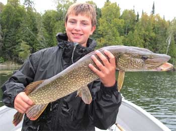 Father with Son catching Big Northern Pike at Fireside Lodge in Canada